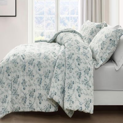 Chezmoi Collection Gigi 3-Piece Queen Size Washed Cotton Floral Comforter Set - Elegant Blue Ivory White Floral Printed Bedding Set Reversible Lightweight Comforter for All Season