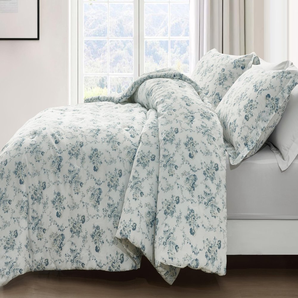 Chezmoi Collection Gigi 3-Piece Queen Size Washed Cotton Floral Comforter Set - Elegant Blue Ivory White Floral Printed Bedding Set Reversible Lightweight Comforter for All Season