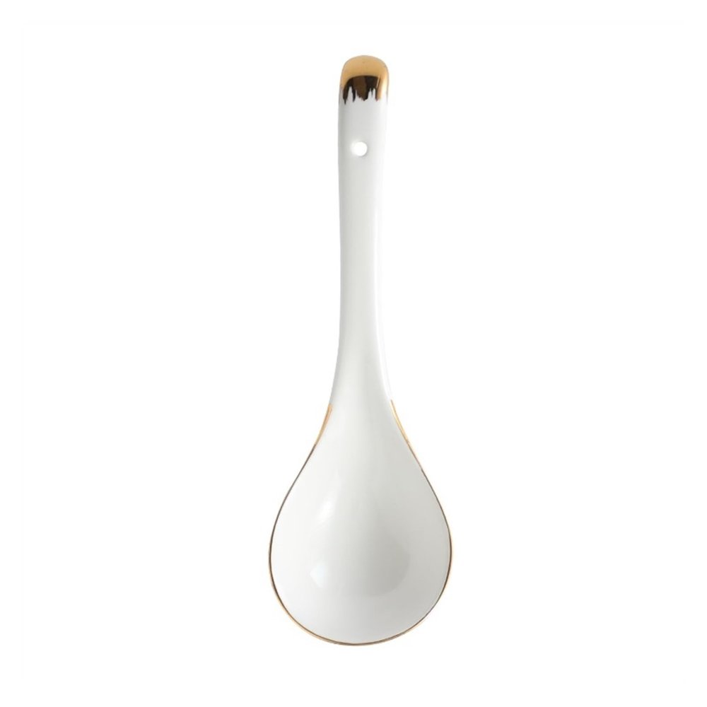 Jingzai202405 Soup Spoons 1 Piece Asian Large Soup Spoons, White Rice Spoons, Chinese Won Ton Soup Spoon with Golden Decorative Edges Serving Spoons