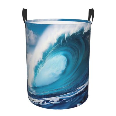 Big Ocean Wave HD print Dirty laundry basket Foldable round tote bag Home decor Easy collection gift basket