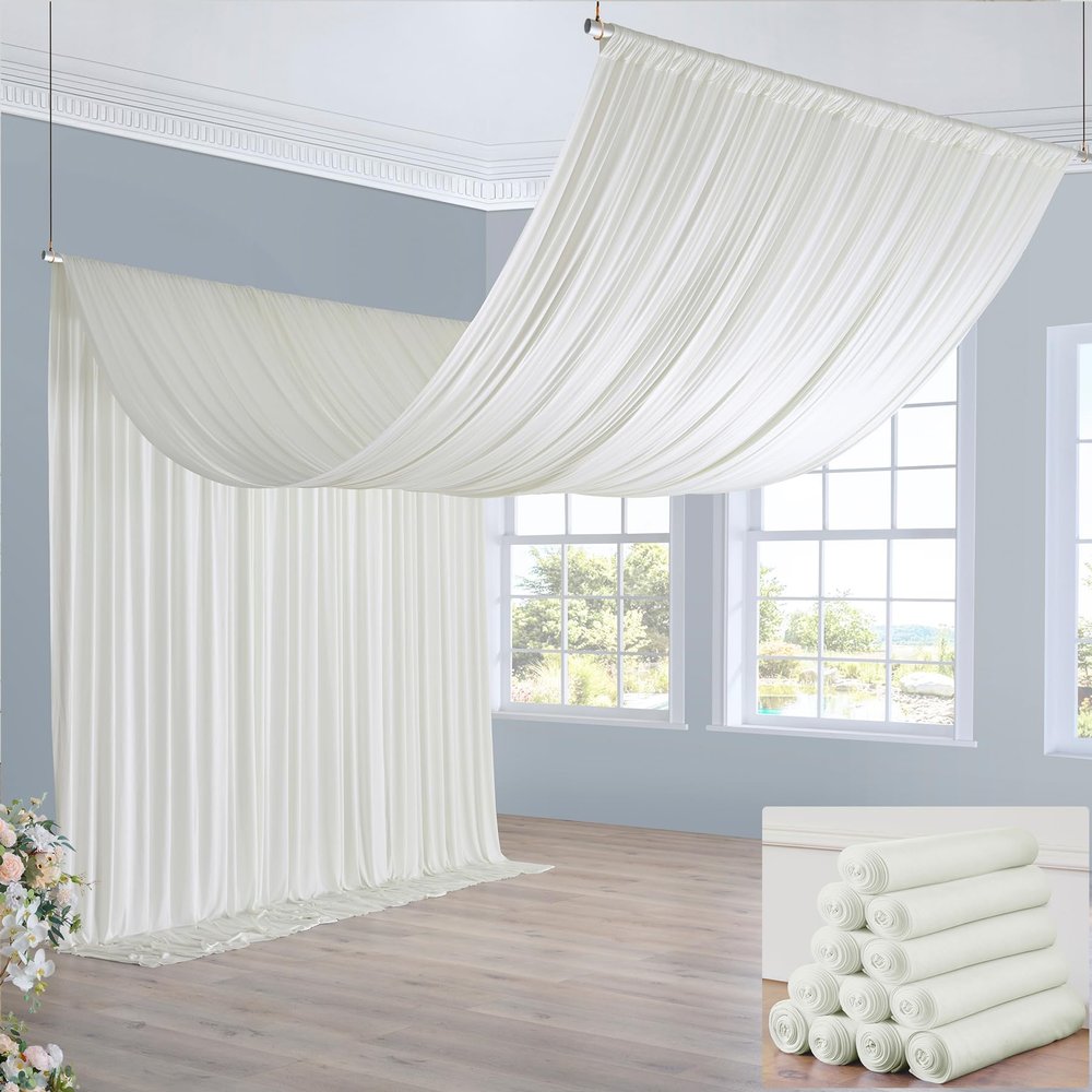 60ft20ft Ivory Ceiling Drapes for Weddings Parties,12 Panels 520ft Long Ceiling Curtain for Tent Canopy,Wrinkle Free Silk Easy to Draping&Hang Ivory Drapes for Event Church Stage Photo Bedroom