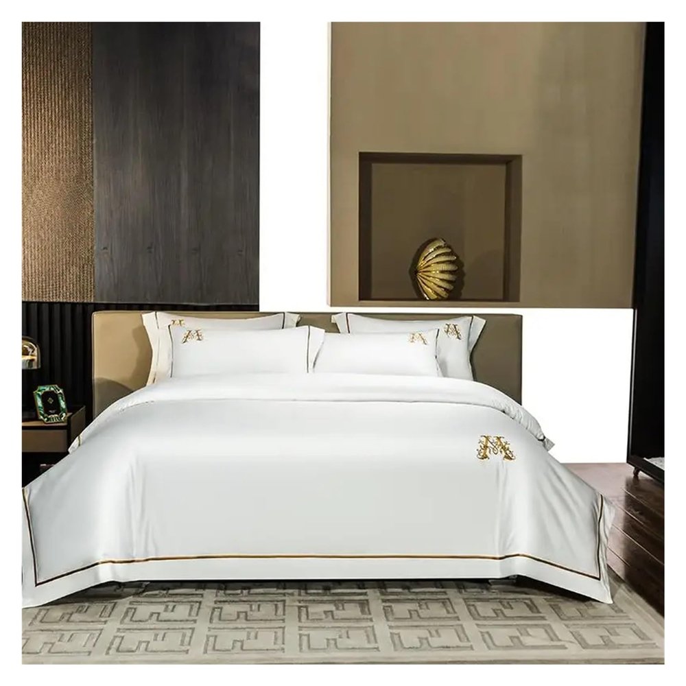 GLAMDIA High-end Bedding Set Luxury Gold Stripe Embroidery White Egyptian Cotton Duvet Cover Bed Sheet Pillowcases Home Textile,Bed