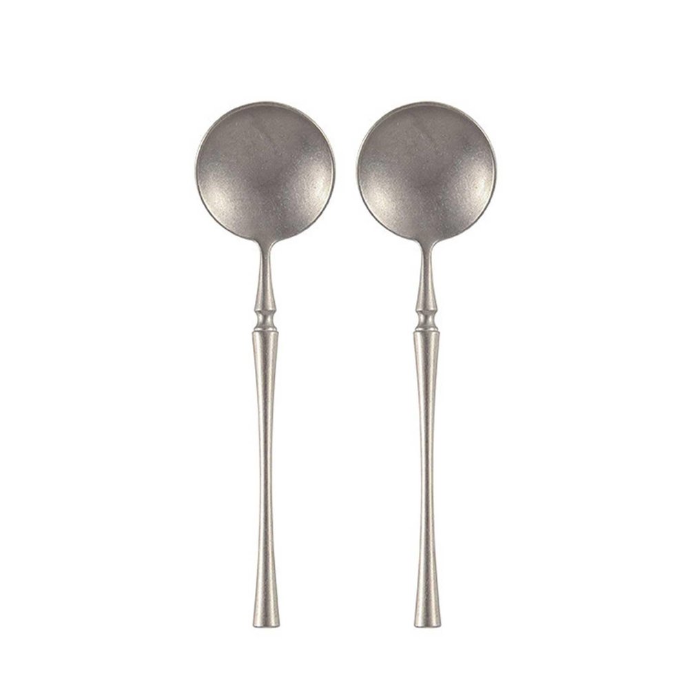 Jingzai202405 Soup Spoons Retro Matte Metal Soup Spoons 2-Piece Premium Stainless Steel Spoons Round Spoons, Silver Soup Spoons Spoon Set Flatware Set Serving Spoons