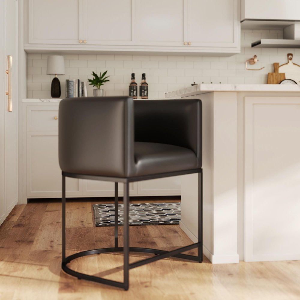 HNY Black Modern Barrel Counter Height Bar Stool, 24 Inch PU Leather Kitchen Barstool with Back for Island, with Black Metal Tubular Frame