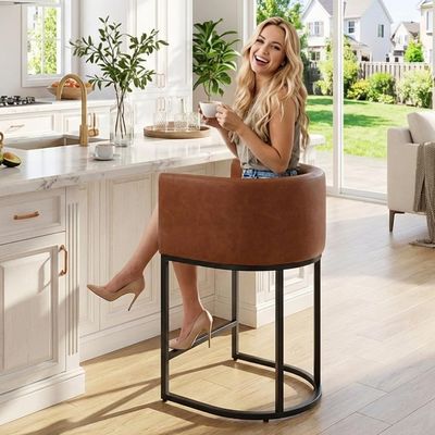 HNY Modern Barrel Counter Height Bar Stool, 24 Inch Kitchen Bar Stool with Back, PU Leather Barstool Bar Height for Island with Black Metal Tubular Frame, Brown