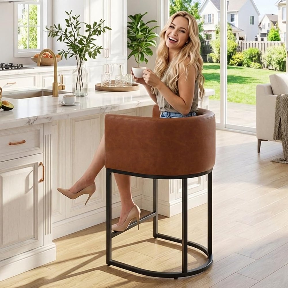 HNY Modern Barrel Counter Height Bar Stool, 24 Inch Kitchen Bar Stool with Back, PU Leather Barstool Bar Height for Island with Black Metal Tubular Frame, Brown