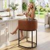 HNY Modern Barrel Counter Height Bar Stool, 24 Inch Kitchen Bar Stool with Back, PU Leather Barstool Bar Height for Island with Black Metal Tubular Frame, Brown view 1