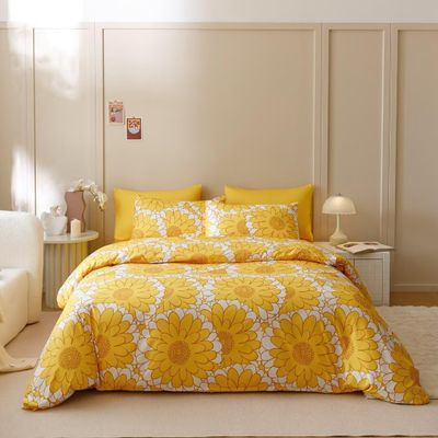 CLOTHKNOW Yellow Sunflower Duvet Cover Set - King Size, 3-Piece Yellow White Floral Bedding Set With Botanical Comforter