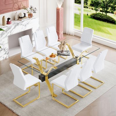 9 Piece Glass Dining Table Set, Kitchen Table Chairs Set for 8, 71'' Dining Table with 0.4" Tempered Glass Tabletop with Plated Metal Legs and MDF Crossbar, 8 PU Chairs for Dining Room, Kitchen.