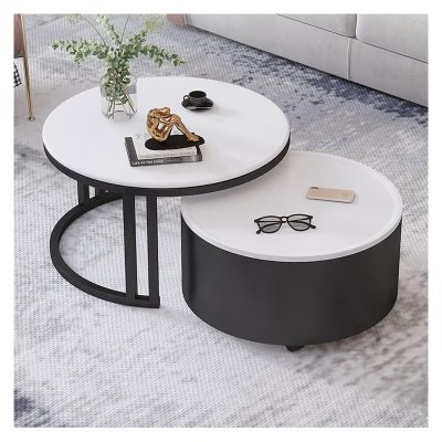 Accent Tea Table 2-Piece Modern Round Coffee Table Set for Living Room, Sofa End Tables with Storage Compartment and Metal Legs, Modern Style Accent Tables for Living Room, Stackabl(#4)