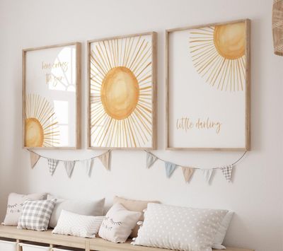 3 Pieces Sun Here Comes The Sun Little Darling Posters Prints Canvas Painting Modular Pictures Framed Artwork for Girl Nursery Baby Room Bedroom Decor No Frame