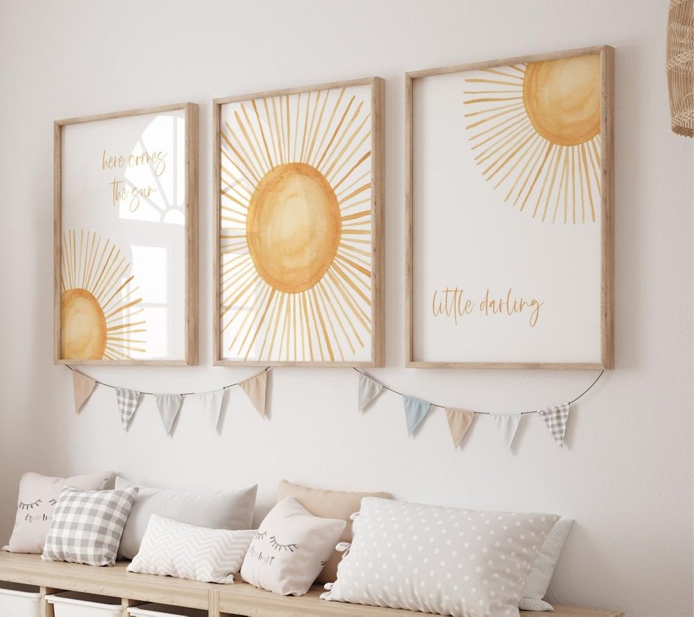 3 Pieces Sun Here Comes The Sun Little Darling Posters Prints Canvas Painting Modular Pictures Framed Artwork for Girl Nursery Baby Room Bedroom Decor No Frame