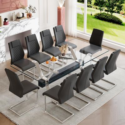 11 Piece Glass Dining Table Set, Kitchen Table Chairs Set for 10, 79'' Dining Table with 0.5" Tempered Glass Tabletop with Plated Metal Legs and MDF Crossbar, 10 PU Chairs for Dining Room, Kitchen.