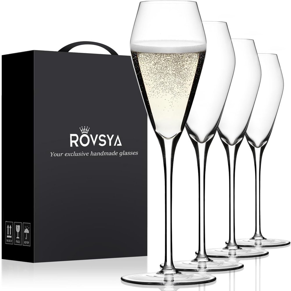 Champagne Flutes Glasses Set of 4, Hand Blown Crystal Wedding Flutes Glass, Ideal for Weddings, Anniversaries, Christmas, Special Days, 10.5 inch, 7.5 oz, Clear