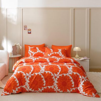 CLOTHKNOW Orange Sunflower Duvet Cover Sets Queen 3Pcs Orange White Floral Bedding Sets Queen Dark Orange Comforter Cover Sets Queen