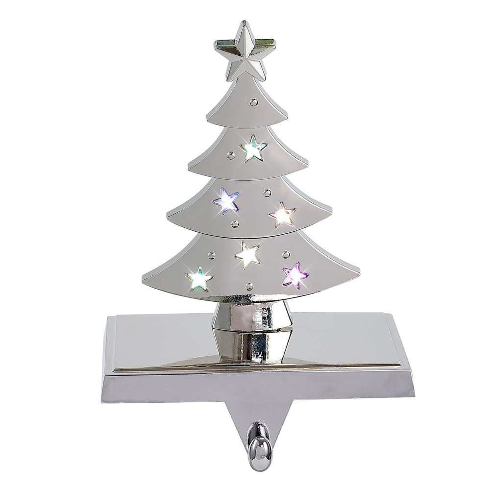Amooca Christmas Stocking Holders Non-Slip Metal Hooks LED Lights Tree Decor Fireplace Mantle Stocking Hanger for Party Decorations (Silver)