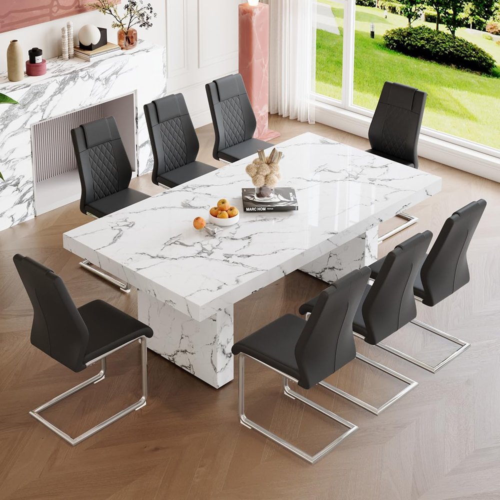 9 Piece Marble Dining Set, 79" Marble MDF Table Top & Base, 8 PU Leather Chairs with Chrome Legs