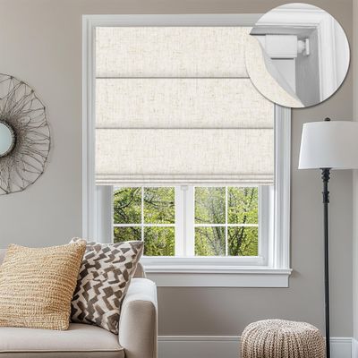 BERISSA No Drill Roman Shades for Windows Blackout, Cordless Linen Fabric Roman Blinds for Windows,Pull Down Room Darkening Window Shades for Home Office,Linen Beige,58" W x 78" H