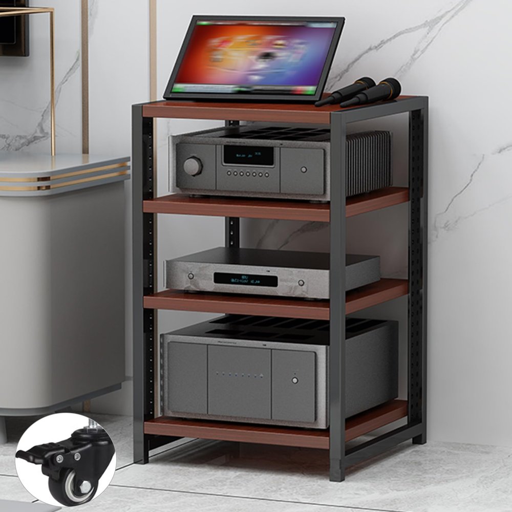 Audio-video Shelving AV Media Stand with Wheel Hifi Rack Stereo Cabinet Game Console Shelf 3/4/5/6-Tier DVD Holder Stand Tower with Adjustable Shelves Corner Stands for Living Room(Teak,50x40x60cm)