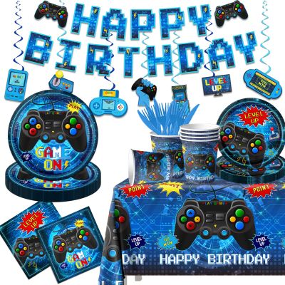 Video Game Birthday Decorations,142pcs Gamer Birthday Party Decorations Tableware Plates and Napkins,Banner,Tablecloth,Cup,Blue Video Game Decorations for Boys Birthday Party Decorations