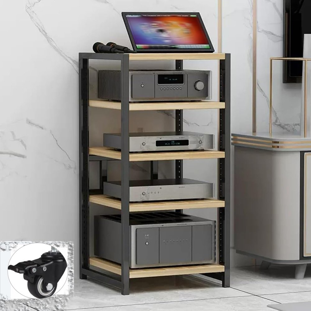 Audio-video Shelving AV Media Stand with Wheel Hifi Rack Stereo Cabinet Game Console Shelf 3/4/5/6-Tier DVD Holder Stand Tower with Adjustable Shelves Corner Stands for Living Room(Walnut,50x40x80cm)