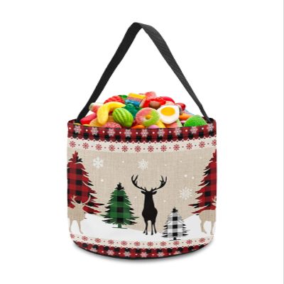 2 Pieces Halloween Trick or Treat Candy Bags,Farm Plaid Christmas Tree Elk Texture Reusable Goody Bucket Collapsible Candy Tote Bag for Holiday Gift Basket Party Favor,Winter Red White Snowflake Flax