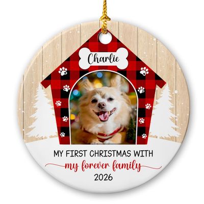 Add Photo Dog First Christmas Ornament 2026, Personalized Picture My First Christmas My Forever Family Ornaments, Photo Frame Puppy's 1St Xmas Tree Ceramic Ornament, Custom Name Photo Ornament Xmas
