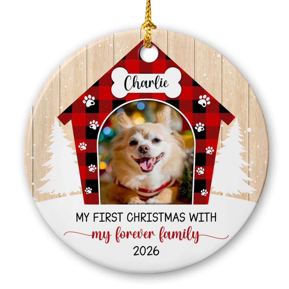 Add Photo Dog First Christmas Ornament 2026, Personalized Picture My First Christmas My Forever Family Ornaments, Photo Frame Puppy's 1St Xmas Tree Ceramic Ornament, Custom Name Photo Ornament Xmas