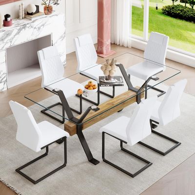 7 Piece Glass Dining Table Set, Kitchen Table Chairs Set for 6, 71'' Dining Table with 0.4" Tempered Glass Tabletop with Plated Metal Legs and MDF Crossbar, 6 PU Chairs for Dining Room, Kitchen.