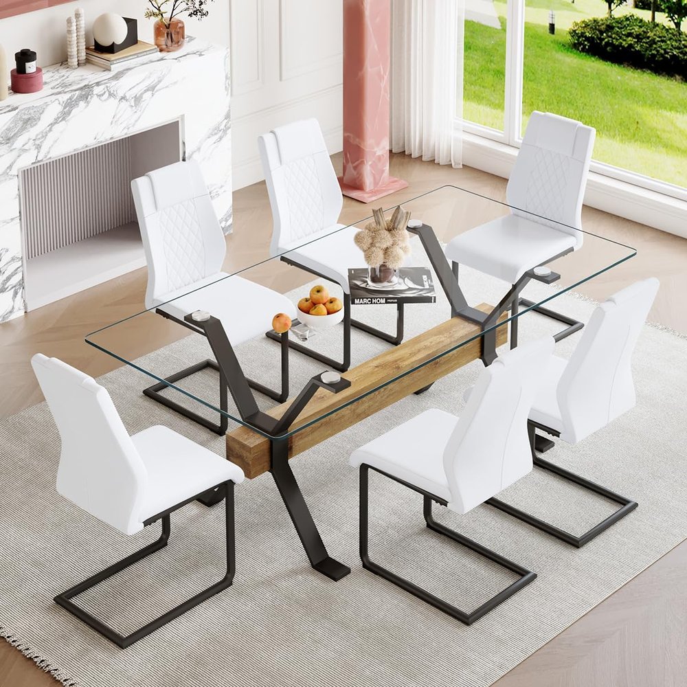 7 Piece Glass Dining Table Set, Kitchen Table Chairs Set for 6, 71'' Dining Table with 0.4" Tempered Glass Tabletop with Plated Metal Legs and MDF Crossbar, 6 PU Chairs for Dining Room, Kitchen.