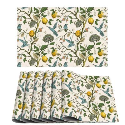 Vintage Placemats Set of 6 William Morris Washable Table Placemat Lemon Bird Wipeable Heat Resistant Place Mats Linen Cloth Woven Dining Table Mats Farmhouse Kitchen Table Decor 11.8"X17.7"