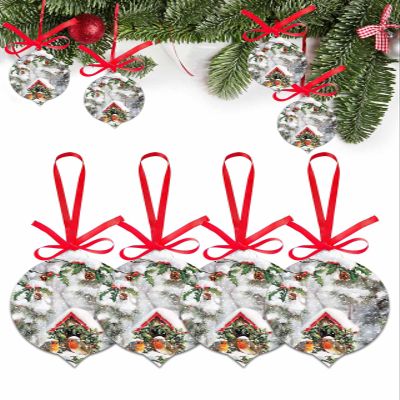 2024 Christmas Ornament 4 PCS Winter Robin Christmas Snow Scene Acrylic Xmas Tree Tag Hanging Decorations,Christmas Trees Ornaments with Ribbon for Holiday Party Home Bird House Snowy Holly Pine Cone