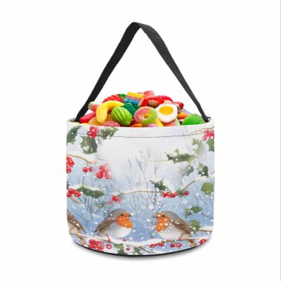 Halloween Trick or Treat Candy Bag,Winter Robin Christmas Holly Berry Candy Tote Bag Reusable Portable Candy Bucket,Farm Plant Watercolor Pine Tree Goody Bags with Handle for Party Favor Gift Basket