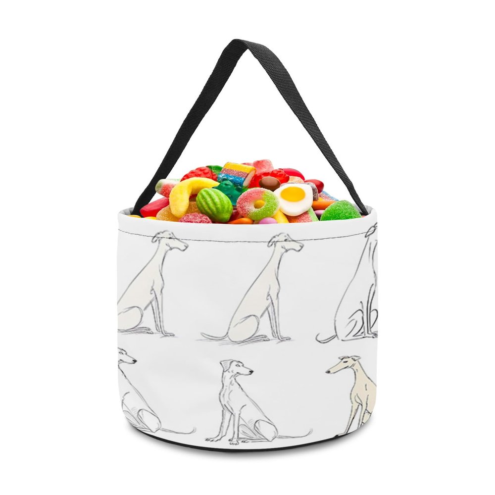 2 Pieces Halloween Trick or Treat Candy Bags,Sketch Thin Dog Minimalism Art Reusable Goody Bucket Collapsible Candy Tote Bag for Holiday Gift Basket Party Favor,Simple Modern Painting on White