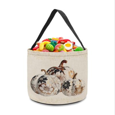2 Pieces Halloween Trick or Treat Candy Bags,Rustic Fall Floral Pumpkin Thanksgiving Reusable Goody Bucket Collapsible Candy Tote Bag for Holiday Gift Basket Party Favor,Flax Sketch Flower Texture