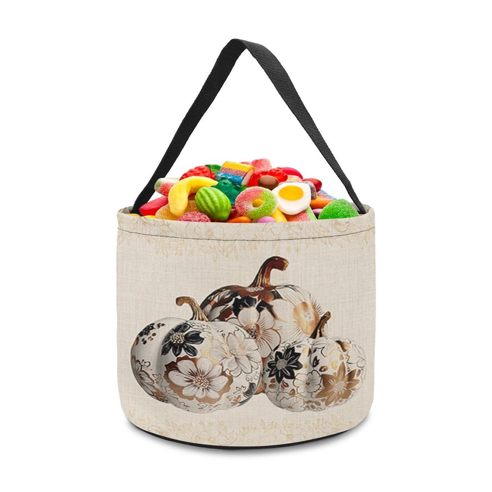 2 Pieces Halloween Trick or Treat Candy Bags,Rustic Fall Floral Pumpkin Thanksgiving Reusable Goody Bucket Collapsible Candy Tote Bag for Holiday Gift Basket Party Favor,Flax Sketch Flower Texture