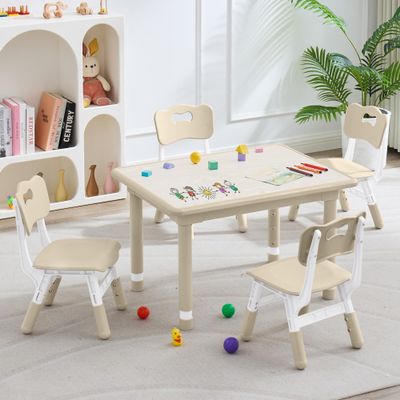 DOREROOM Kids Table & 4 Chairs, Height Adjustable (17.7"-26.1"), Natural-W
