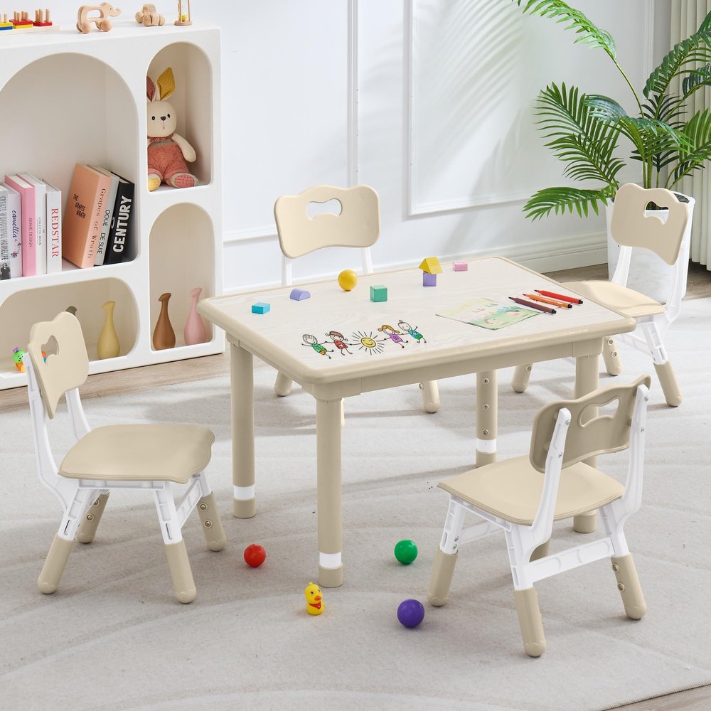 DOREROOM Kids Table & 4 Chairs, Height Adjustable (17.7"-26.1"), Natural-W