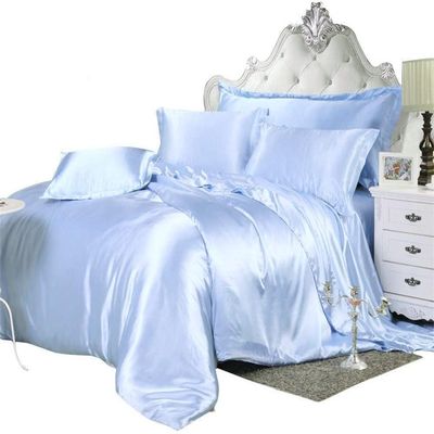 Tanya Linen Hotel Luxury Silk Satin 5 Piece Comforter Set- All Season Comforter, Flat Sheet, Fitted 18 inch Deep Pocket, Pillowcases, Light Blue Bedding Sets for Full XL Size Bed