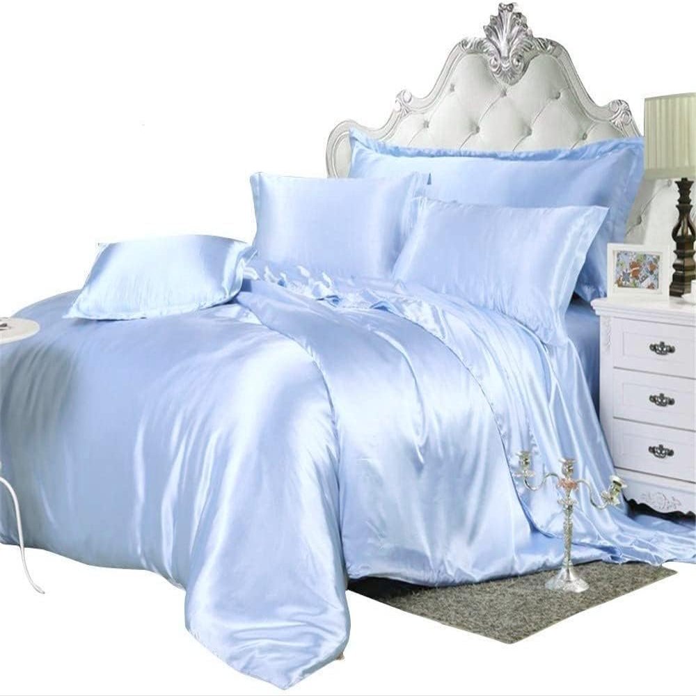 Tanya Linen Hotel Luxury Silk Satin 5 Piece Comforter Set- All Season Comforter, Flat Sheet, Fitted 18 inch Deep Pocket, Pillowcases, Light Blue Bedding Sets for Full XL Size Bed