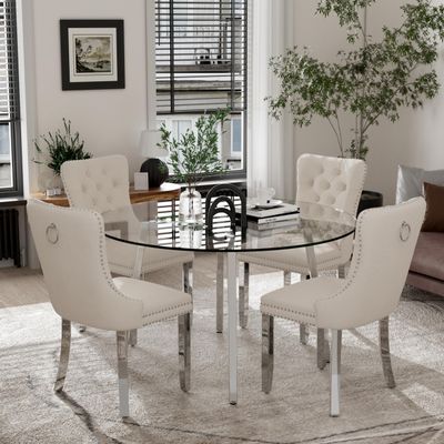 HAIZAO 5 Piece Clear Round Glass Top Dining Set, 42'' Mid Century Modern Circle Dinner Room Set, 4 Person Luxury Circular Kitchen Table Set, Beige High-end Tufted Chairs, for Small Apartment (Silver)
