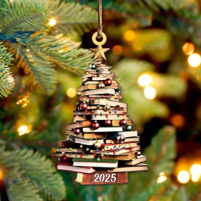 Pack 2 Book Tree Christmas Ornament (1 Wood+1 Acrylic), 2025 Bookworm Christmas Ornaments 2D Flat, Gift for Women, Book Lovers, Readers, Librarian, Book Nerd Friends Keepsake Gifts, Xmas Tree Decor