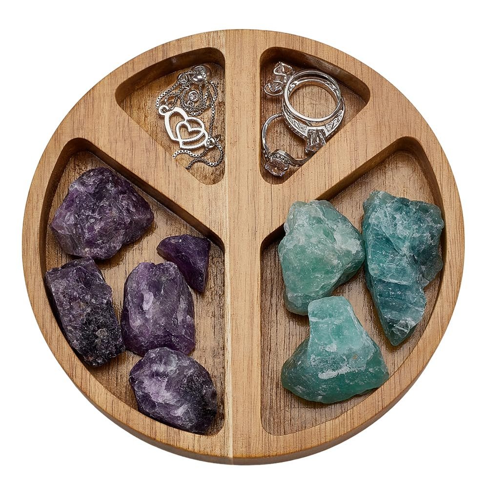 FINGERINSPIRE Peace Sign Wood Display Tray Round Wood Storage Holder Tray Stones Display Tray Saddle Brown Storage Tray for Crystals Stones Rings Earrings Jewelry Small Keys Table Home Decor