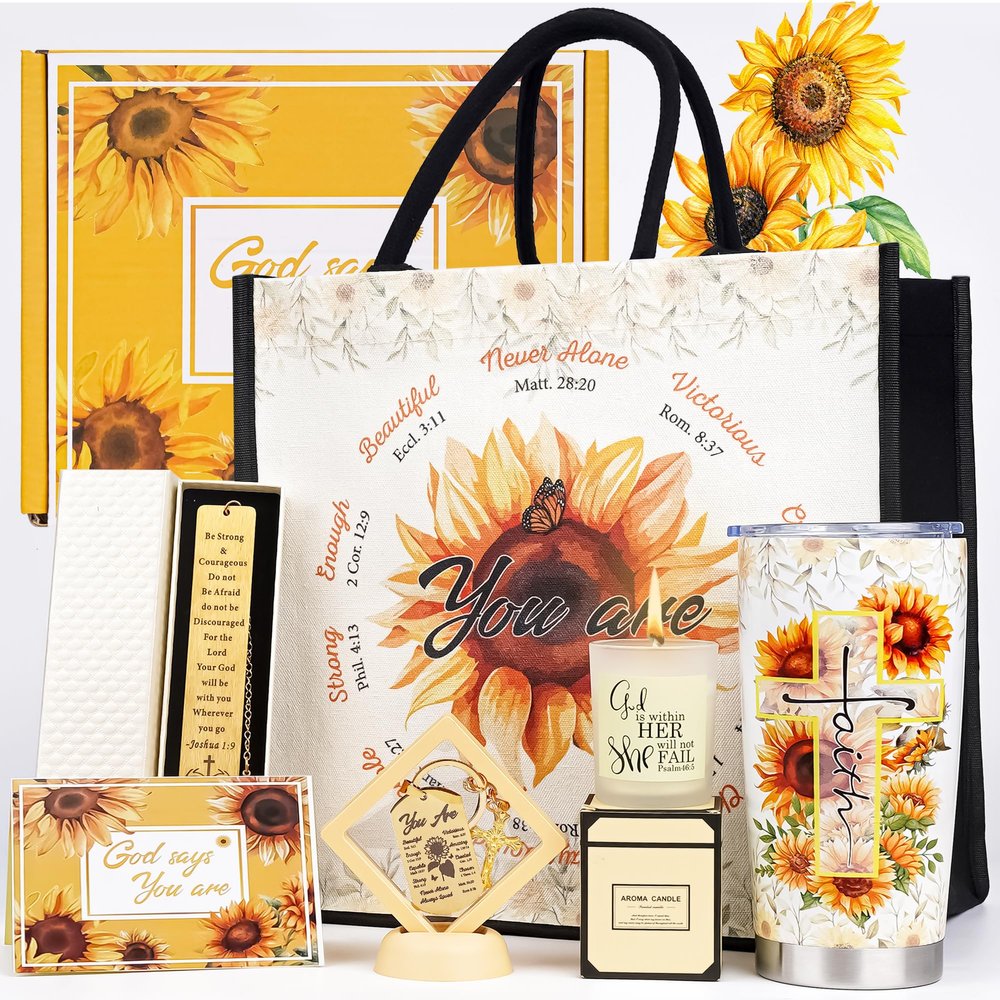 Sunflower Christian Gifts Set for Women - Inspirational Birthday Basket with Faith Theme Tumbler Tote Bag, Encouragement Thank You Present for Mom, Sister, Friends