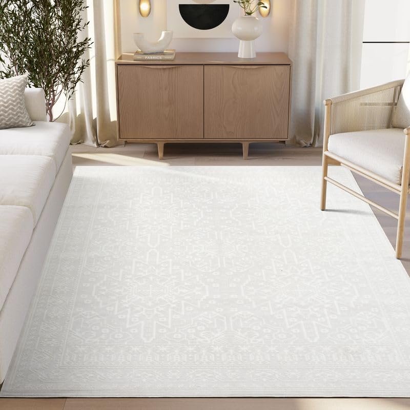 Abani Regal Cream Area Rug - 4 x 6 - for Living Room, Bedroom - Washable Tone-on-Tone Vintage Design - Soft, Durable