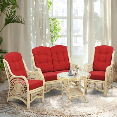 Malibu Lounge Set of 4: 2 Natural Rattan Wicker Chairs, Loveseat with Red Cushions and Coffee Table w/Glass Handmade, Natural Color
