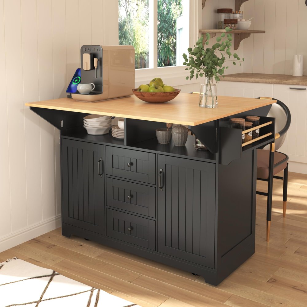 jurmiture 55.7'' Large Kitchen Island with 2 Drop Leaf, Rolling Kitchen Cart on 5 Wheels with Power Outlet, Folding Storage Dining Table with Spice & Towel Rack, 3 Drawers, for Kitchen, Dining Room