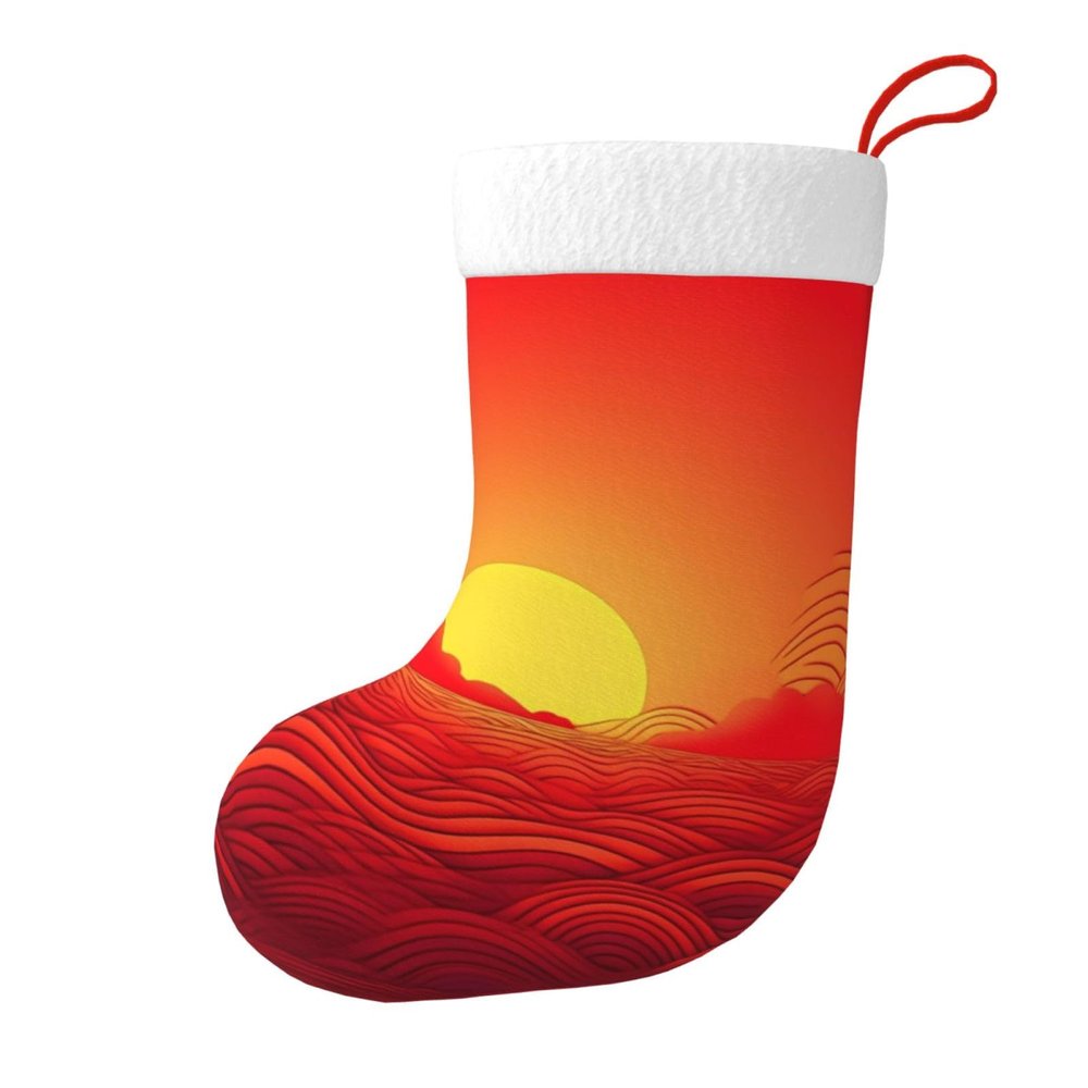 HCBPWVQA Red Sunrise Christmas Stockings Personalized Family Xmas Stockings with White Plush Trim Xmas Hanging Stocking Holiday and Farmhouse Stocking for Christmas Decoration