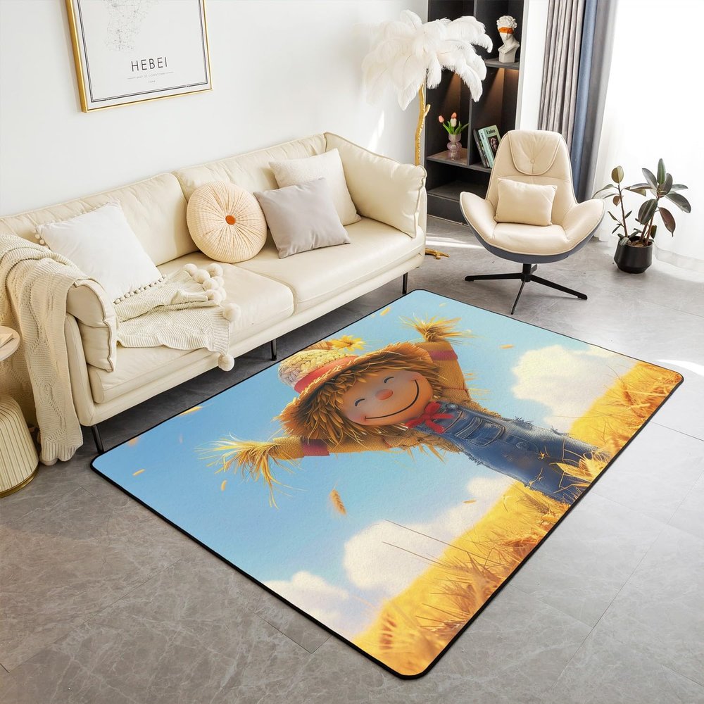 3D Cute Scarecrow Area Rug Village Farm Wheat Yellow Plants Non Slip Rug for Kids Teens Adults Rural Scenery Rustic Farmhouse Style Non Shedding Rug for Housewarming Sofa 3'x5'