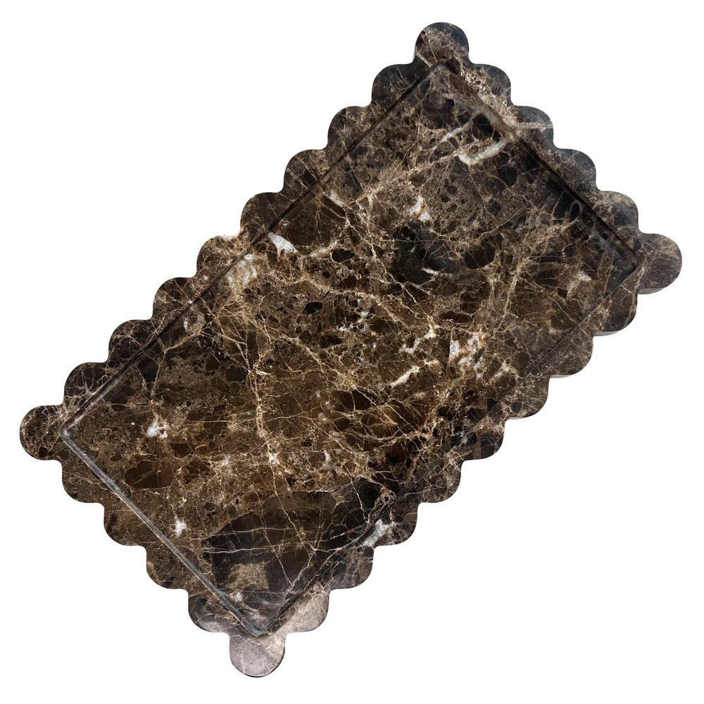 13.4 x 8 inch Large Marble Tray with Scalloped Edge, Rectangle Decorative Tray for Dresser Home Decor (Dark Brown)